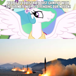 Size: 1080x1080 | Tagged: safe, edit, edited screencap, screencap, princess celestia, g4, magical mystery cure, caption, celestia's ceremonial crown, crown, icbm, irl, jewelry, meme, missile, nuclear weapon, oh no, photo, regalia, rocket, smiling, text, this will end in war, this will not end well, weapon