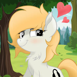 Size: 2500x2500 | Tagged: safe, artist:pizzamovies, oc, oc only, oc:sophie hoofington, earth pony, pony, blushing, chest fluff, female, floating heart, heart, high res, mare, smiling, solo, tree