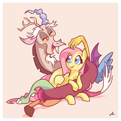 Size: 2250x2250 | Tagged: safe, artist:docwario, discord, fluttershy, draconequus, pegasus, pony, g4, blushing, coiling, eyebrows, eyebrows visible through hair, female, high res, looking at each other, male, mare, open mouth, open smile, ship:discoshy, shipping, simple background, sitting, smiling, smiling at each other, straight, white background, wings