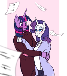 Size: 1280x1436 | Tagged: safe, artist:tsetsera, rarity, twilight sparkle, anthro, g4, blushing, clothes, female, gloves, height difference, hug, lesbian, looking at each other, paper, ship:rarilight, shipping, simple background, sweater, turtleneck