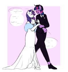 Size: 1280x1348 | Tagged: safe, artist:tsetsera, rarity, twilight sparkle, anthro, g4, blushing, breasts, cleavage, clothes, eyes closed, facing each other, female, formal wear, hat, high heels, indiscernible, lesbian, ship:rarilight, shipping, shoes, simple background, speech bubble, talking