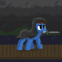 Size: 800x800 | Tagged: safe, artist:vohd, oc, oc only, oc:pegasusgamer, pegasus, pony, animated, cape, clothes, frame by frame, lightning, night, pixel art, rain, solo, storm, sword, weapon