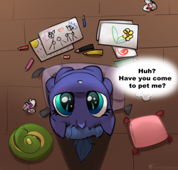 Size: 3000x2865 | Tagged: safe, artist:cornelia_nelson, princess luna, pony, unicorn, g4, blushing, bronybait, colored pencils, commission, cushion, cute, dialogue, female, filly, filly luna, high angle, high res, looking at you, looking up, looking up at you, lunabetes, race swap, sitting, solo, unicorn luna, weapons-grade cute, woona, ych example, younger, your character here