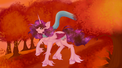 Size: 3200x1800 | Tagged: safe, artist:jamlotte1, oc, oc only, oc:cosmic star, alicorn, pony, alicorn oc, autumn, clothes, ethereal mane, forest, galaxy mane, horn, leaves, raised hoof, scarf, smiling, solo, tree, unshorn fetlocks, wind, wings