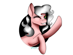 Size: 1600x1200 | Tagged: safe, artist:minelvi, oc, oc only, earth pony, pony, bust, earth pony oc, eyelashes, one eye closed, simple background, solo, transparent background, waving, wink