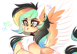 Size: 5000x3500 | Tagged: safe, artist:mint-light, oc, oc only, pegasus, pony, bust, chest fluff, choker, ear piercing, eyelashes, heart, licking, licking lips, pegasus oc, piercing, signature, solo, starry eyes, tongue out, two toned wings, wingding eyes, wings