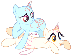Size: 2612x1998 | Tagged: safe, artist:mint-light, oc, oc only, alicorn, pony, g4, alicorn oc, bald, base, duo, eyelashes, female, heterochromia, horn, looking down, lying down, mare, raised hoof, signature, simple background, transparent background, transparent horn, transparent wings, wings, worried