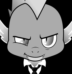 Size: 2413x2486 | Tagged: safe, artist:lluminus, spike, dragon, g4, black and white, clothes, fangs, grayscale, high res, looking at you, male, monochrome, necktie, smiling, smirk, smug, solo, suit