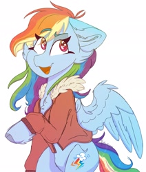 Size: 1740x2048 | Tagged: safe, artist:tizhonolulu, rainbow dash, pegasus, pony, g4, clothes, feathered wings, female, jacket, mare, open mouth, signature, simple background, smiling, solo, white background, wings