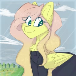 Size: 2048x2048 | Tagged: safe, artist:tizhonolulu, fluttershy, pegasus, pony, g4, blushing, chest fluff, clothes, eye clipping through hair, female, folded wings, high res, looking away, looking down, mare, outdoors, plane, smiling, solo, three quarter view, wings