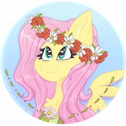 Size: 2048x2048 | Tagged: safe, artist:tizhonolulu, fluttershy, pegasus, pony, g4, blushing, bust, chest fluff, ear fluff, female, floral head wreath, flower, high res, looking up, mare, portrait, simple background, solo, spread wings, white background, wings