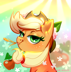 Size: 771x780 | Tagged: safe, artist:rrd-artist, part of a set, applejack, earth pony, pony, g4, abstract background, apple, bust, female, flower, flower in hair, food, lidded eyes, looking at you, mare, portrait, smiling, solo, straw in mouth
