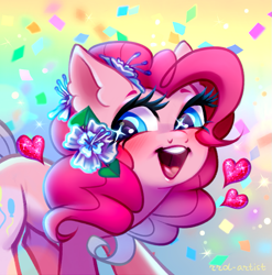 Size: 771x780 | Tagged: safe, artist:rrd-artist, part of a set, pinkie pie, earth pony, pony, g4, abstract background, blushing, confetti, female, flower, flower in hair, heart, mare, open mouth, smiling, solo