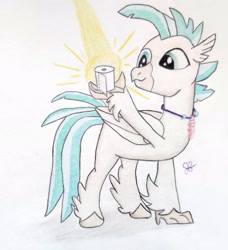 Size: 2055x2253 | Tagged: safe, artist:goldenflow, terramar, classical hippogriff, hippogriff, g4, beak, colored pencil drawing, crepuscular rays, high res, jewelry, male, necklace, quadrupedal, simple background, solo, talons, toilet paper, traditional art, white background, wings, zoomorphic, 🧻