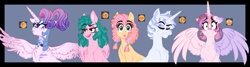 Size: 3867x1029 | Tagged: safe, artist:saphi-boo, princess flurry heart, oc, oc:macaroni neufchatel, oc:midsummer moon, oc:mos ginseng muroid, oc:platinum ghast, alicorn, earth pony, pegasus, pony, unicorn, g4, angry, armor, blue background, blushing, embarrassed, female, heterochromia, looking at you, male, mare, offspring, older, older flurry heart, parent:big macintosh, parent:cheese sandwich, parent:fancypants, parent:fleur-de-lis, parent:fluttershy, parent:pinkie pie, parent:pipsqueak, parent:princess luna, parents:cheesepie, parents:fancyfleur, parents:fluttermac, parents:lunapip, simple background, spread wings, stallion, tongue out, wings