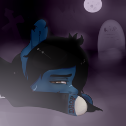 Size: 1024x1024 | Tagged: safe, artist:mikkaella, earth pony, pony, undead, zombie, zombie pony, bone, bring me the horizon, bust, clothes, commission, graveyard, lip piercing, long sleeves, lying down, male, moon, night, night sky, oliver sykes, piercing, ponified, prone, sad, scar, shirt, sky, solo, stallion, stitches, tattoo, torn ear, ych result