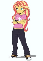 Size: 801x1123 | Tagged: safe, artist:nairdags, sunset shimmer, equestria girls, blue background, bracelet, breasts, busty sunset shimmer, clothes, converse, crossed arms, cute, cutie mark, cutie mark on clothes, ear piercing, earring, female, guitar, jewelry, musical instrument, necklace, no pupils, piercing, shadow, shimmerbetes, shoes, short, simple background, smiling, smol, solo, white background, wristband