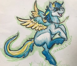 Size: 1440x1229 | Tagged: safe, artist:sharkledog, oc, oc only, pegasus, pony, open mouth, pegasus oc, signature, solo, traditional art, two toned wings, wings