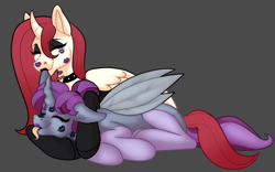 Size: 1196x747 | Tagged: safe, alternate version, artist:meli_meliora, oc, oc only, oc:rosiesquish, oc:violet nebula, alicorn, changeling, pony, alicorn oc, changeling oc, choker, horn, kiss mark, lipstick, snuggling, tongue out, wings