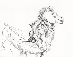 Size: 2000x1571 | Tagged: safe, artist:lady-limule, oc, oc only, pegasus, pony, disgusted, duo, female, inktober 2017, lineart, male, mare, monochrome, pegasus oc, smiling, smirk, stallion, straw in mouth, tongue out, traditional art, wings