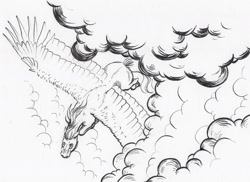 Size: 2000x1452 | Tagged: safe, artist:lady-limule, oc, oc only, pegasus, pony, cloud, flying, inktober 2017, lineart, monochrome, pegasus oc, solo, traditional art, wings