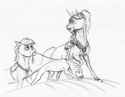 Size: 2000x1540 | Tagged: safe, artist:lady-limule, oc, oc only, dog, pony, unicorn, female, horn, inktober 2017, leash, lineart, looking back, mare, monochrome, mouth hold, traditional art, unicorn oc