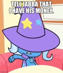 Size: 500x576 | Tagged: safe, edit, screencap, trixie, pony, unicorn, friendship gems, g4, g4.5, my little pony: pony life, cape, caption, clothes, cropped, female, han solo, hat, image macro, mare, solo, star wars, text, trixie's cape, trixie's hat