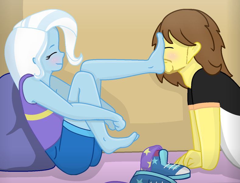 2499001 - suggestive, artist:grapefruitface1, trixie, oc, oc:grapefruit face, equestria girls, legend of everfree, alternative outfit, base used, beanbag, blushing, canon x oc, clothes, duo, eyes closed, feet, female, fetish, foot