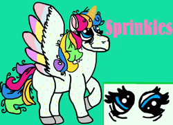 Size: 800x578 | Tagged: safe, artist:daisyrosepup16, oc, oc only, oc:sprinkles, alicorn, pony, alicorn oc, female, horn, looking up, mare, multicolored hair, rainbow hair, raised hoof, solo, wings