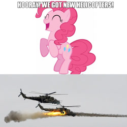 Size: 1080x1080 | Tagged: safe, pinkie pie, earth pony, pony, g4, ^^, bipedal, caption, eyes closed, female, helicopter, irl, mare, meme, mi-24, mi-24 hind, missile, photo, simple background, smiling, text, this will end in war, vector, white background