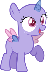Size: 729x1090 | Tagged: safe, artist:pegasski, oc, oc only, alicorn, pony, common ground, g4, alicorn oc, bald, base, eyelashes, female, filly, foal, freckles, horn, open mouth, raised hoof, simple background, smiling, solo, transparent background, transparent horn, transparent wings, two toned wings, wings