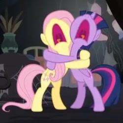 Size: 291x291 | Tagged: safe, screencap, fluttershy, twilight sparkle, alicorn, pegasus, pony, a health of information, g4, season 7, bipedal, cropped, duo, duo female, female, hug, mawshot, nose in the air, open mouth, screaming, twilight sparkle (alicorn), uvula, volumetric mouth