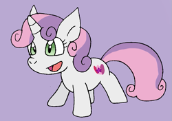 Size: 767x540 | Tagged: safe, artist:cmara, sweetie belle, pony, unicorn, g4, cute, diasweetes, female, filly, open mouth, purple background, simple background, solo