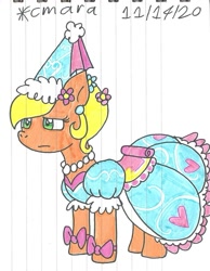 Size: 882x1137 | Tagged: safe, artist:cmara, applejack, earth pony, pony, g4, look before you sleep, alternate hairstyle, applejack also dresses in style, applejack is not amused, clothes, dress, ear piercing, earring, female, froufrou glittery lacy outfit, hat, jewelry, lined paper, mare, necklace, piercing, princess applejack, puffy sleeves, simple background, solo, traditional art, unamused, white background