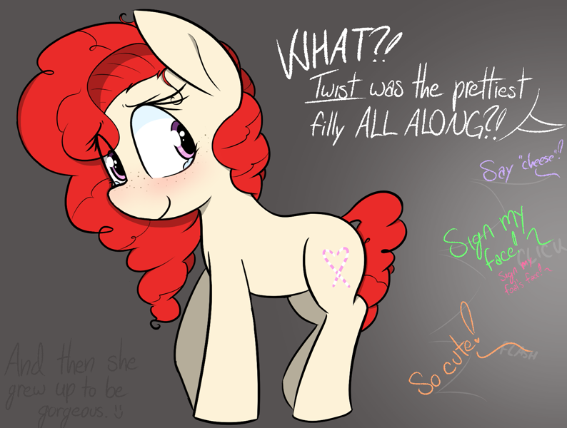 Size: 1631x1233 | Tagged: safe, artist:pinkberry, twist, earth pony, pony, g4, alternate design, alternate hairstyle, best filly, blushing, camera flashes, crying, cute, featured image, freckles, justice, older twist, photography, smiling, solo, tears of joy, teary eyes, text, twistabetes