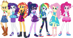 Size: 1901x996 | Tagged: safe, edit, edited screencap, screencap, applejack, fluttershy, pinkie pie, rainbow dash, rarity, sci-twi, sunset shimmer, twilight sparkle, equestria girls, equestria girls series, official, spoiler:eqg series (season 2), applejack's hat, boots, bowtie, bracelet, clothes, converse, cowboy hat, dreamworks face, dress, dress interior, feet, female, freckles, geode of empathy, geode of fauna, geode of shielding, geode of sugar bombs, geode of super speed, geode of super strength, geode of telekinesis, glasses, hand on hip, hat, high heel boots, humane five, humane seven, humane six, jacket, jewelry, looking at you, magical geodes, not a vector, open mouth, open smile, pants, pantyhose, pencil skirt, pose, rarity peplum dress, shirt, shoes, simple background, skirt, smiling, smiling at you, sneakers, socks, transparent background, wall of tags, waving at you