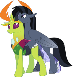 Size: 2000x2094 | Tagged: safe, artist:don't mind me, derpibooru exclusive, thorax, oc, changedling, changeling, hippogriff, g4, biting, canon x oc, ear bite, gay, high res, hippogriff oc, horn, horns, king thorax, male, show accurate, simple background, transparent background, vector, wings