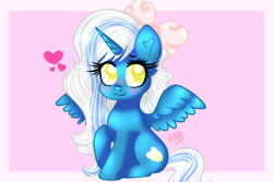 Size: 1024x683 | Tagged: safe, artist:sweethearts11, oc, oc only, oc:fleurbelle, alicorn, pony, adorabelle, alicorn oc, blushing, bow, chibi, cute, female, hair bow, horn, mare, pink background, simple background, solo, wings