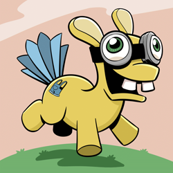 Size: 1000x1000 | Tagged: safe, artist:soutch, earth pony, hybrid, pony, 2015, abomination, ambiguous gender, blue tail, crossover, cursed image, despicable me, fusion, goggles, grass, green eyes, kill it, minion, minions, not salmon, open mouth, rabbid, rabbids, rayman, rayman raving rabbids, rule 85, running, smiling, solo, ubisoft, wall eyed, wat, what has magic done, yellow fur