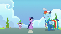 Size: 1920x1080 | Tagged: safe, screencap, rainbow dash, spike, twilight sparkle, alicorn, dragon, pegasus, pony, g4, the last problem, clothes, male, twilight sparkle (alicorn), uniform, winged spike, wings, wonderbolts uniform