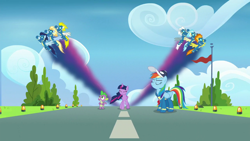 Size: 1920x1080 | Tagged: safe, screencap, misty fly, rainbow dash, silver lining, silver zoom, soarin', spike, spitfire, surprise (g4), twilight sparkle, alicorn, dragon, pegasus, pony, g4, the last problem, clothes, female, male, mare, stallion, twilight sparkle (alicorn), uniform, winged spike, wings, wonderbolts uniform