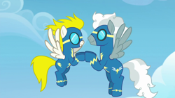 Size: 1920x1080 | Tagged: safe, screencap, silver lining, silver zoom, surprise (g4), pegasus, pony, g4, the last problem, aviator goggles, clapping, clothes, cloud, duo, female, flying, goggles, male, mare, out of context, ponies standing next to each other, shipping fuel, spread wings, stallion, uniform, wings, wonderbolts, wonderbolts uniform