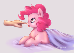 Size: 4468x3202 | Tagged: safe, artist:buttersprinkle, pinkie pie, earth pony, pony, g4, :p, bedsheets, boop, cute, diapinkes, disembodied hand, female, hand, high res, lying down, mare, messy mane, offscreen character, offscreen human, ponk, prone, simple background, tongue out