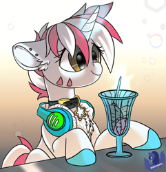 Size: 2082x2160 | Tagged: safe, artist:brainiac, derpibooru exclusive, oc, oc only, oc:pink noise, pony, unicorn, chest fluff, collar, female, food, headphones, high res, ice cream, mare, piercing, solo, spotify
