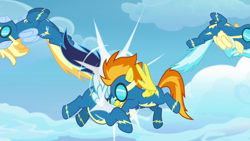 Size: 1920x1080 | Tagged: safe, screencap, misty fly, soarin', spitfire, pegasus, pony, g4, the last problem, clothes, female, male, mare, stallion, uniform, wonderbolts uniform