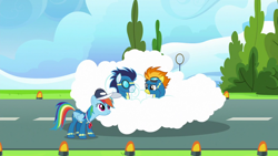 Size: 1920x1080 | Tagged: safe, screencap, rainbow dash, soarin', spitfire, pegasus, pony, g4, the last problem, clothes, cloud, female, male, mare, stallion, uniform, wonderbolts uniform