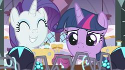 Size: 1920x1080 | Tagged: safe, screencap, rarity, twilight sparkle, alicorn, pony, spider, star spider, unicorn, g4, season 9, the last problem, ^^, carousel boutique, cute, eyes closed, female, grin, mare, raribetes, smiling, twilight sparkle (alicorn)