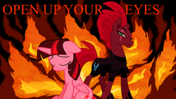 Size: 3840x2160 | Tagged: safe, artist:ejlightning007arts, tempest shadow, twilight sparkle, alicorn, pony, unicorn, g4, my little pony: the movie, armor, broken horn, eye scar, eyes closed, fire, high res, horn, open up your eyes, sad, scar, sitting, song reference, twilight sparkle (alicorn), wallpaper