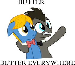 Size: 2630x2270 | Tagged: safe, artist:peora, doctor whooves, perfect pace, time turner, pony, ask discorded whooves, ask the master, g4, antagonist, bowtie, butter, discord whooves, discorded, doctor who, duo, food, high res, male, simple background, stallion, that pony sure does love butter, the doctor, the master, toy story, transparent background, vector, wide eyes, x x everywhere