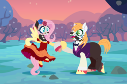 Size: 2160x1440 | Tagged: safe, anonymous artist, big macintosh, fluttershy, earth pony, pegasus, pony, series:fm holidays, g4, bowtie, catrina (calavera garbancera), clothes, dancing, dia de los muertos, dress, face paint, female, floating, flower, flower in hair, holiday, hoof hold, lineless, looking at you, male, mare, no pupils, rose, ship:fluttermac, shipping, stallion, straight, sunset, vest